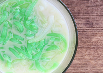 Thai food, Lod Chong dessert coconut milk on wood table