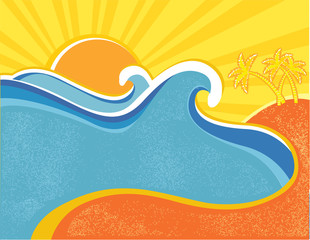 Fototapeta na wymiar Sea waves poster with palms. Vector illustration of sea landscap