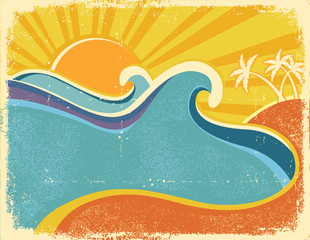 Fototapeta premium Sea waves poster with palms. Vintage illustration of sea landsca