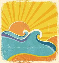 Fototapeta premium Sea waves poster. Vector illustration of sea landscape in hot da