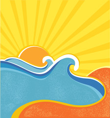 Naklejka premium Sea waves poster. Vector illustration of sea landscape in hot da