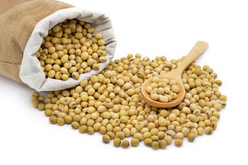 Isolated soy beans focus on wooden spoon