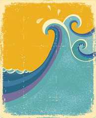Naklejka premium Sea waves poster. Vintage symbol of blue sea waves