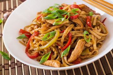 Udon noodles with chicken and peppers - Japanese cuisine