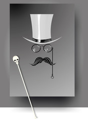 Cylinder, moustache, monocle and cane