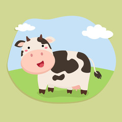 Cute Cow Cartoon Standing on Field Background