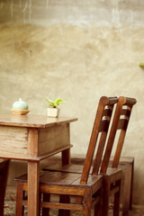 set of wooden table and chair decorated in garden, interior