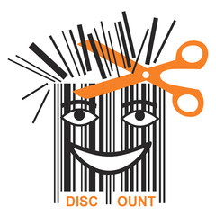 Funny BAR code discount.
Scissors shortening bar code mascot, symbol price discounts. Vector available.
