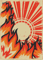 Fire background with sun.Vector grunge poster
