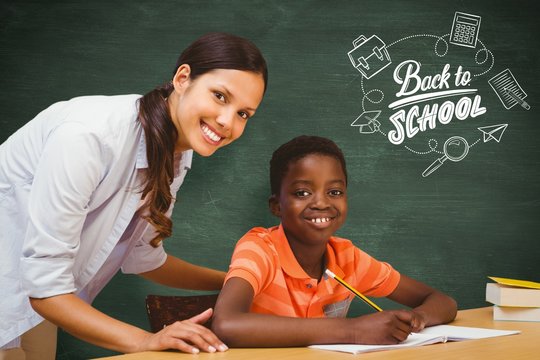 Composite image of teacher assisting boy with homework