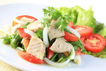 Spicy salad of white pork sausage, Popular Thai food