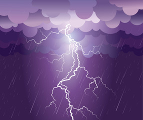 Lightning strike.Vector rain image with dark clouds