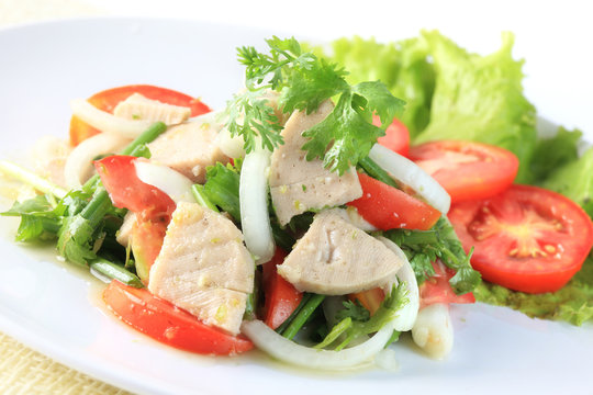 Spicy salad of white pork sausage, Popular Thai food