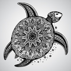 Naklejka premium Hand drawn vector monochrome doodle turtle decorated with orient