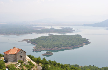 Summer view of the Slansko Lake with islands near Niksic town, Montenegro