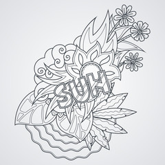 Vector label with sea, sun, leaves and flowers. Sunny, summer character. Print.