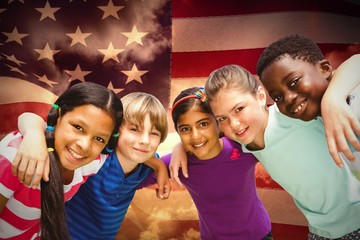 Composite image of happy children forming huddle at park