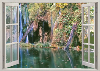 Open window view to deep forest waterfall with pond  - 89416334