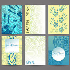 Set of vector design templates. Brochures in random colorful style. Vintage frames and backgrounds. Flower, mandala design.