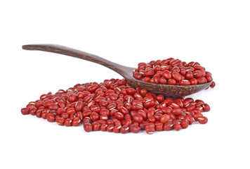 red  beans with a wooden spoon on white background
