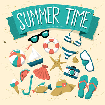 Summer time. Vector illustration of summer icons on the beach background.