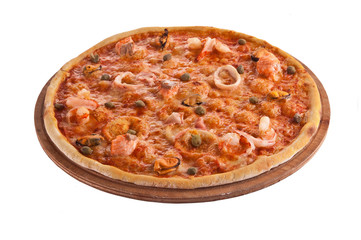 pizza on wooden plate on white background