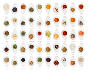 Different spices isolated on white background in ceramic cup