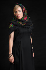 beautiful woman wearing Russian headscarf