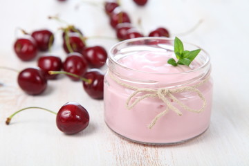 Cherry yogurt and ripe cherry