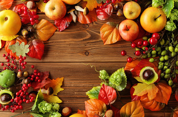 autumn background with leaves, apples and fruits