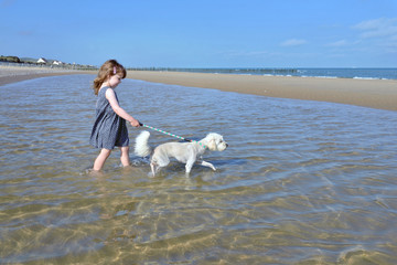 enfant jouant sur la plage avec son chien