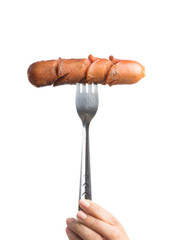 Grilled Sausage on fork isolated