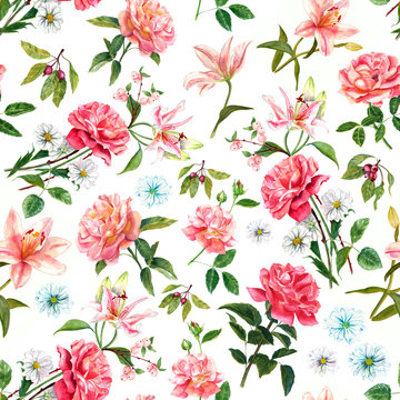 Vintage style watercolour rose seamless background pattern