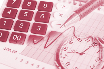 image of financial report with pen clock and calculator.