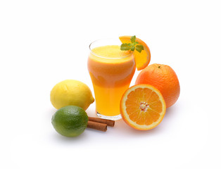 Citrus juice and fruits on white background