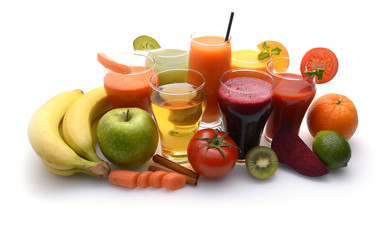 Fresh fruit and vegetable juices on white background