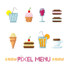 Set of simple pixel icons food. Fast food, desserts and drinks.