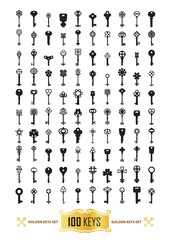Large collection of silhouettes of golden keys. Vector icons keys of different styles, new and vintage