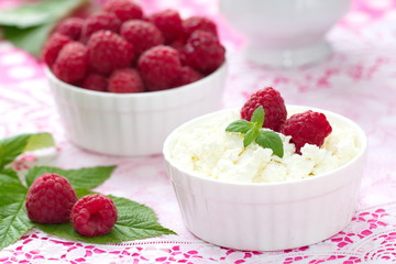 Fresh cottage cheese and ripe raspberries