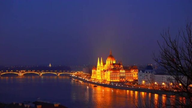 Panoramic view of the illuminated Budapest at night with the Parliament in the background Budapest, Hungary
