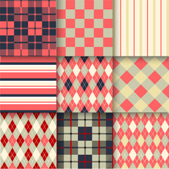 Set of seamless backgrounds with pattern striped, chess, checker