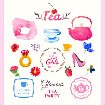 Vector beautiful illustration with teapots, logo & decorative el