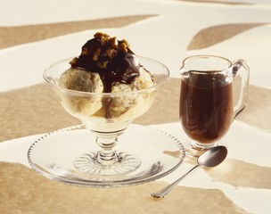 A bowl of ice cream with walnut & chocolate sauce & sauce jug