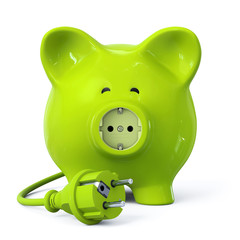 Green piggy bank with power outlet and power plug