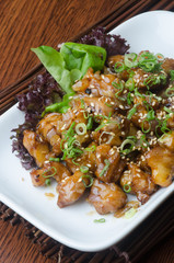 japanese cuisine. fry sauce chicken on the background