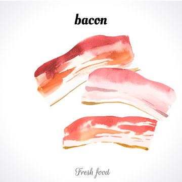 Watercolor illustration of a painting technique. Fresh organic food. Bacon
