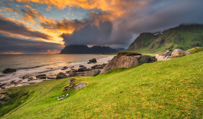 Dramatic sunset over Uttakleiv beach on Lofoten islands, Norway
