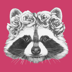 Hand drawn portrait of Raccoon with floral head wreath. Vector isolated elements.