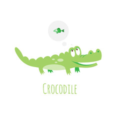 Children's vector card with cute cartoon crocodile thinking of tasty fish.