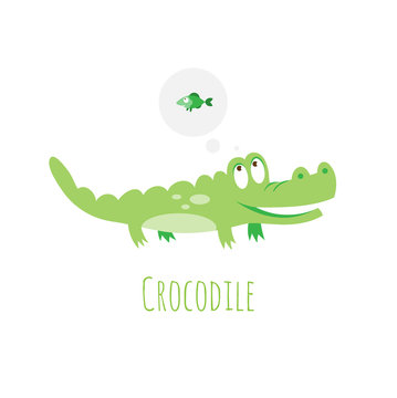 Children's vector card with cute cartoon crocodile thinking of tasty fish.